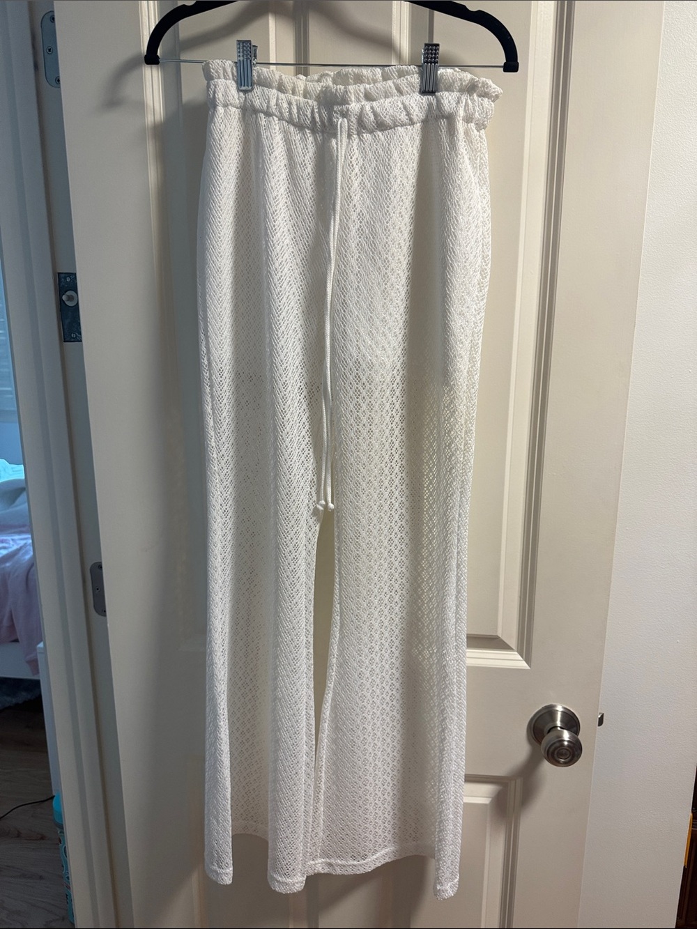 Women's White Crochet Wide-Leg Pants
